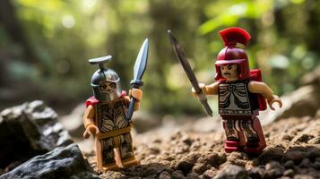 Lego guerreiros lutando dentro uma feroz épico duelo ai generativo foto