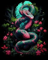 uma colorida fechar-se serpente dentro a verde encantado madeiras vetor ilustração fundo foto