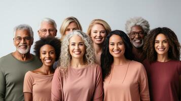 multiétnico grupo do sorridente Senior e meio adulto pessoas olhando às Câmera isolado em cinza. foto