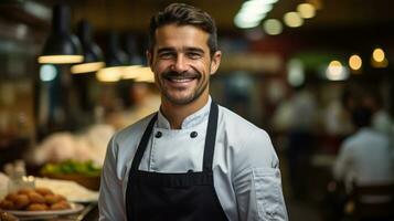 retrato do uma sorridente masculino chefe de cozinha em pé às a contador dentro uma restaurante. foto