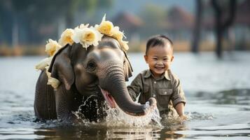 ásia bebê Garoto jogando com a elefante dentro a rio, tailândia. foto