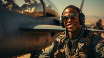 retrato do EUA africano americano piloto dentro uniforme e oculos escuros. foto