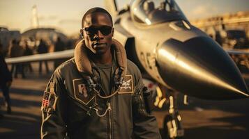 retrato do uma bonito africano americano piloto em pé dentro frente do a lutador avião. foto