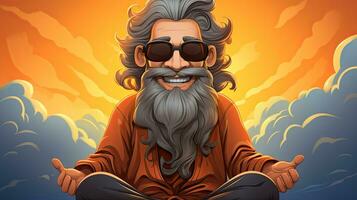 hipster hippie guru homem dentro oculos de sol sentado dentro lótus pose. foto