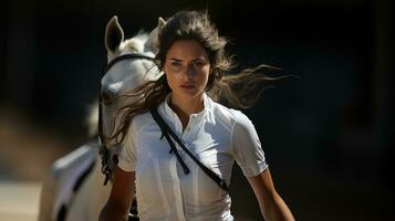 lindo jovem mulher equitação uma branco cavalo em uma ensolarado verão dia. foto