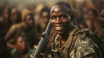 retrato do uma sorridente somali africano soldado em pé dentro frente do a multidão. foto