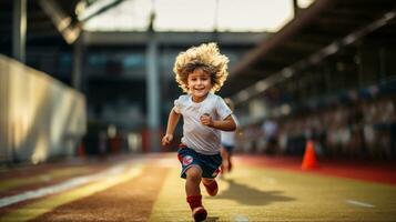 fofa pequeno Garoto corrida às a estádio. esporte, saudável estilo de vida crianças conceito. foto