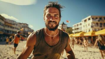 retrato do uma bonito jovem homem jogando de praia voleibol. foto