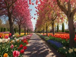 beco entre colorida tulipas Keukenhof parque Lisse dentro Holanda generativo ai foto