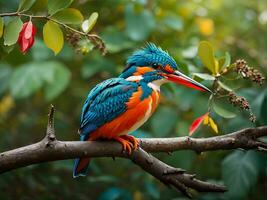 colorida martinho pescatore pássaro sentado em uma árvore ramo generativo ai foto