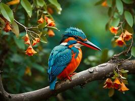 colorida martinho pescatore pássaro sentado em uma árvore ramo generativo ai foto