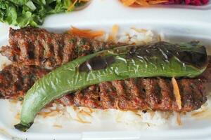 Churrasquinho, tradicional turco carne Comida com salada em uma prato . foto