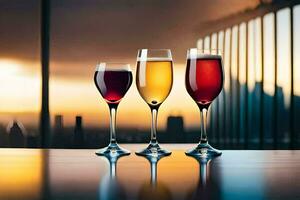 três óculos do vinho em uma mesa com uma cidade visualizar. gerado por IA foto