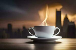 uma copo do café em uma mesa dentro frente do uma cidade Horizonte. gerado por IA foto