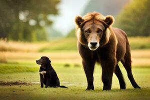 uma Castanho Urso e uma Preto cachorro em pé dentro uma campo. gerado por IA foto