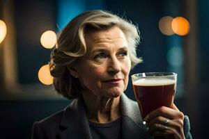 uma mulher segurando uma vidro do cerveja. gerado por IA foto