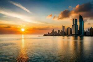 a Sol conjuntos sobre a cidade Horizonte dentro dubai. gerado por IA foto