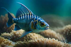 uma peixe com azul e Preto listras natação dentro a oceano. gerado por IA foto