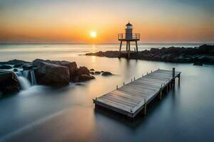 uma farol dentro a oceano às pôr do sol. gerado por IA foto