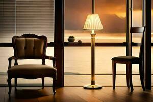 uma cadeira e luminária dentro frente do uma janela. gerado por IA foto