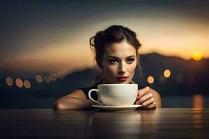 uma mulher é segurando uma copo do café. gerado por IA foto