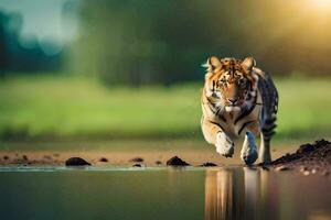 uma tigre corrida através a água. gerado por IA foto