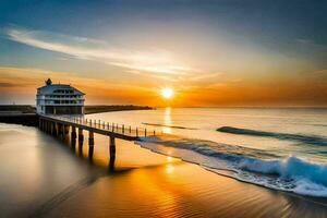 a Sol conjuntos sobre uma cais e de praia. gerado por IA foto