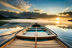 uma barco em a água às pôr do sol. gerado por IA foto