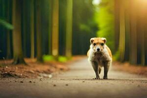 uma cachorro caminhando baixa uma estrada dentro a madeiras. gerado por IA foto