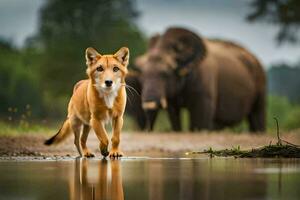 uma cachorro caminhando dentro frente do a elefante. gerado por IA foto