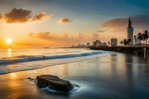 a Sol conjuntos sobre a cidade do haifa, Israel. gerado por IA foto