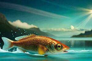peixe dentro a água, água, montanhas, pôr do sol, peixe, peixe natação, água, peixe. gerado por IA foto