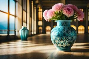 uma azul vaso com Rosa flores sentado em uma de madeira chão. gerado por IA foto