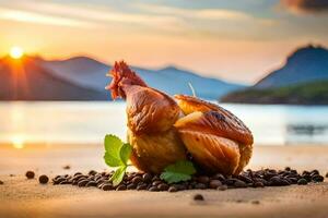 frango em a de praia com café feijões. gerado por IA foto