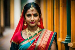 uma lindo indiano mulher vestindo tradicional roupas. gerado por IA foto