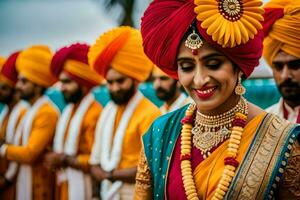 uma lindo indiano noiva dentro uma colorida turbante. gerado por IA foto