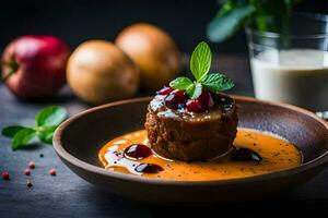 uma sobremesa com fruta e creme em uma de madeira placa. gerado por IA foto