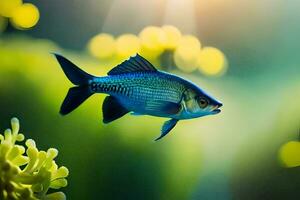 uma peixe natação dentro a água com verde plantas. gerado por IA foto