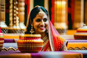 uma lindo indiano noiva sorridente para a Câmera. gerado por IA foto