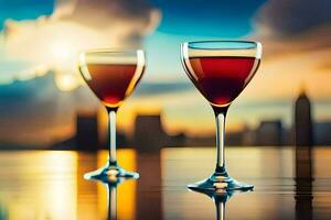 dois óculos do vinho em uma mesa com uma cidade Horizonte dentro a fundo. gerado por IA foto