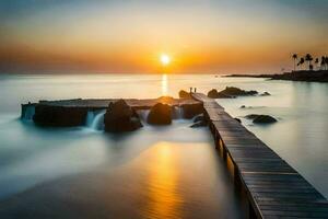 a Sol conjuntos sobre a oceano e uma de madeira doca. gerado por IA foto