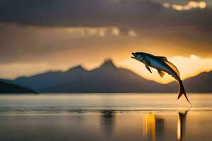 uma peixe pulando Fora do a água às pôr do sol. gerado por IA foto