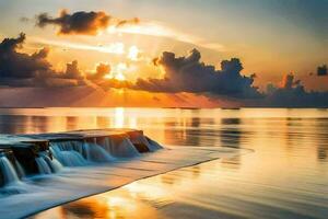 a Sol conjuntos sobre a oceano e uma cascata. gerado por IA foto