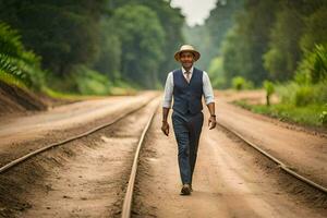 uma homem dentro uma terno e chapéu caminhando em uma trem acompanhar. gerado por IA foto