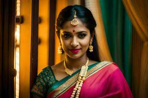 uma lindo indiano noiva dentro uma Rosa sári. gerado por IA foto
