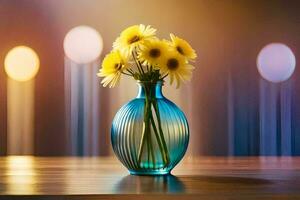 uma azul vaso com amarelo flores sentado em uma mesa. gerado por IA foto