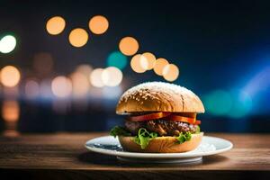 uma Hamburger em uma prato com luzes dentro a fundo. gerado por IA foto