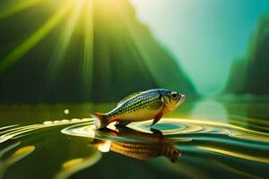 uma peixe é flutuando em a água com a Sol brilhando. gerado por IA foto