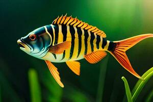 uma peixe com Preto e branco listras é natação dentro a grama. gerado por IA foto