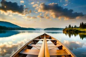 a barco é em a lago às pôr do sol. gerado por IA foto